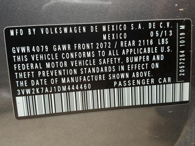 3VW2K7AJ1DM444460 - 2013 VOLKSWAGEN JETTA BASE 灰色 照片 10