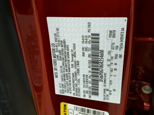 3FA6P0G78GR254600 - 2016 FORD FUSION S RED photo 10