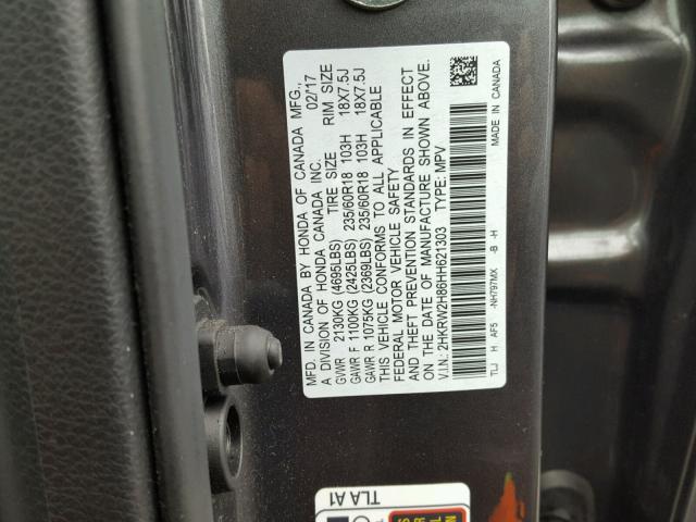 2HKRW2H86HH621303 - 2017 HONDA CR-V EXL GRAY photo 10