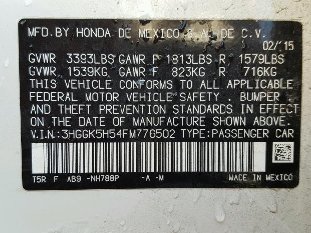 3HGGK5H54FM776502 - 2015 HONDA FIT LX WHITE photo 10