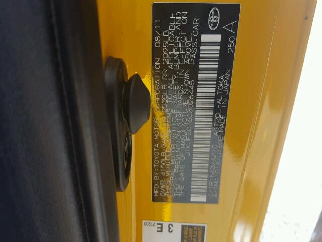 JTKJF5C76C3026445 - 2012 TOYOTA SCION TC 黄色 照片 10