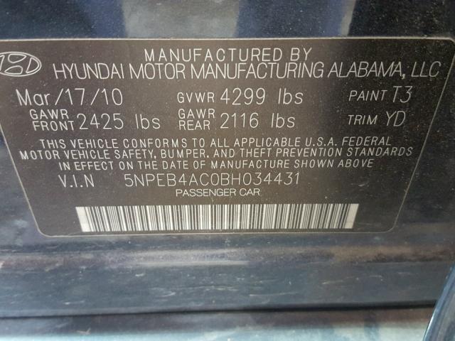 5NPEB4AC0BH034431 - 2011 HYUNDAI SONATA GLS BLUE photo 10