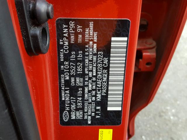 KMHCT4AE0HU287023 - 2017 HYUNDAI ACCENT SE RED photo 10