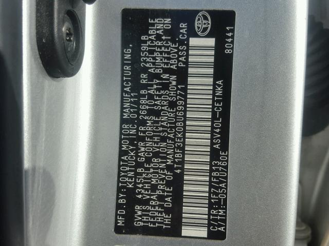 4T1BF3EK0BU699771 - 2011 TOYOTA CAMRY BASE SILVER photo 10