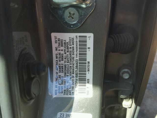 1HGFA16807L084423 - 2007 HONDA CIVIC EX GRAY photo 10