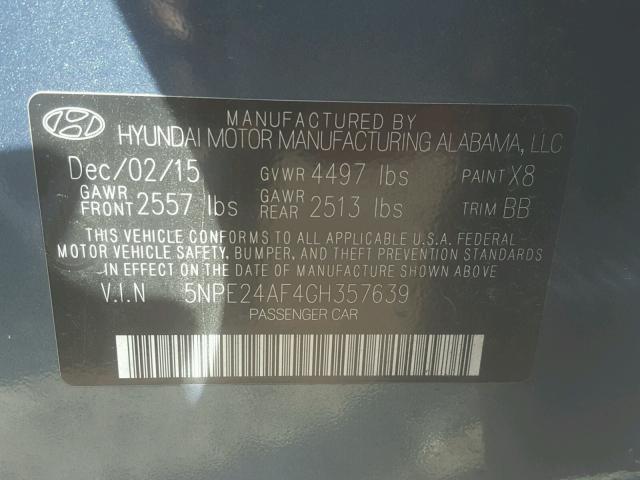 5NPE24AF4GH357639 - 2016 HYUNDAI SONATA SE BLUE photo 10