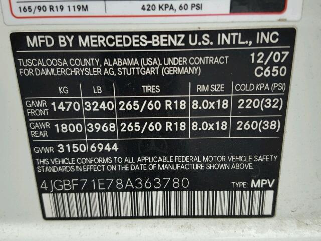 4JGBF71E78A363780 - 2008 MERCEDES-BENZ GL 450 4MA WHITE photo 10