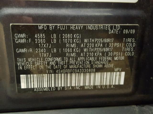 4S4BRBFC9A3330808 - 2010 SUBARU OUTBACK 2. GRAY photo 10