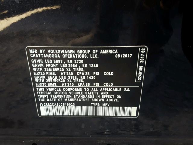 1V2RR2CA3JC519023 - 2018 VOLKSWAGEN ATLAS SEL Qara foto 10