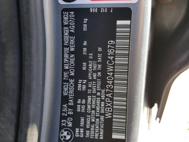 WBXPA73404WC41679 - 2004 BMW X3 2.5I GRAY photo 10