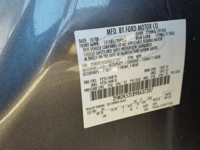 2FMDK52C89BA37207 - 2009 FORD FLEX SEL CHARCOAL photo 10