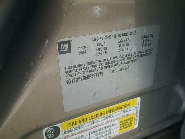 1G1ZG57B58F287179 - 2008 CHEVROLET MALIBU LS TAN photo 10