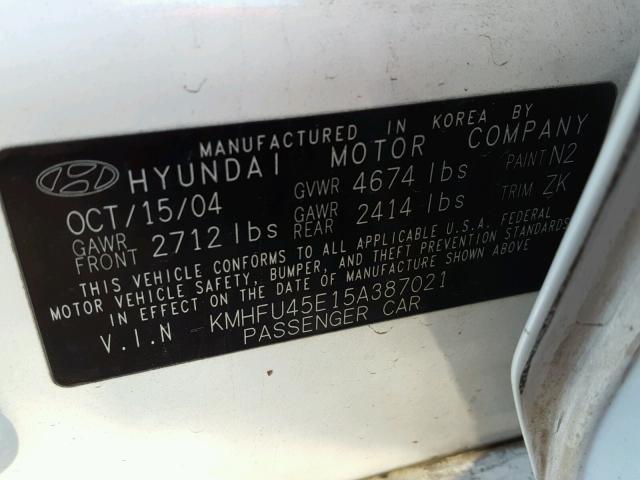 KMHFU45E15A387021 - 2005 HYUNDAI XG 350 WHITE photo 10