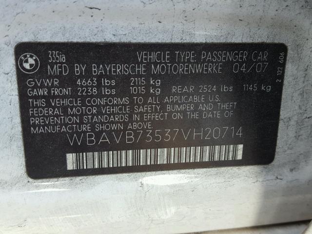 WBAVB73537VH20714 - 2007 BMW 335 I WHITE photo 10