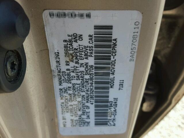 4T1BE32K34U805706 - 2004 TOYOTA CAMRY LE TAN photo 10