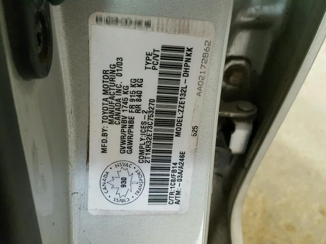 2T1KR32E73C753270 - 2003 TOYOTA COROLLA MA SILVER photo 10