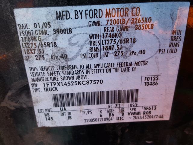 1FTPX14525KC87570 - 2005 FORD F150 BLACK photo 10