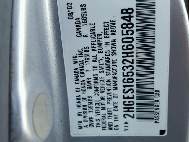 2HGES16532H605848 - 2002 HONDA CIVIC LX SILVER photo 10