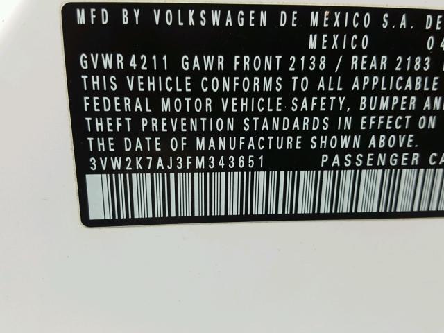 3VW2K7AJ3FM343651 - 2015 VOLKSWAGEN JETTA BASE WHITE photo 10