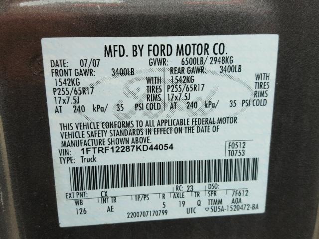 1FTRF12287KD44054 - 2007 FORD F150 GRAY photo 10