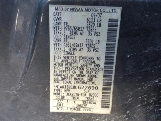 5N1AR18B18C627690 - 2008 NISSAN PATHFINDER GRAY photo 10