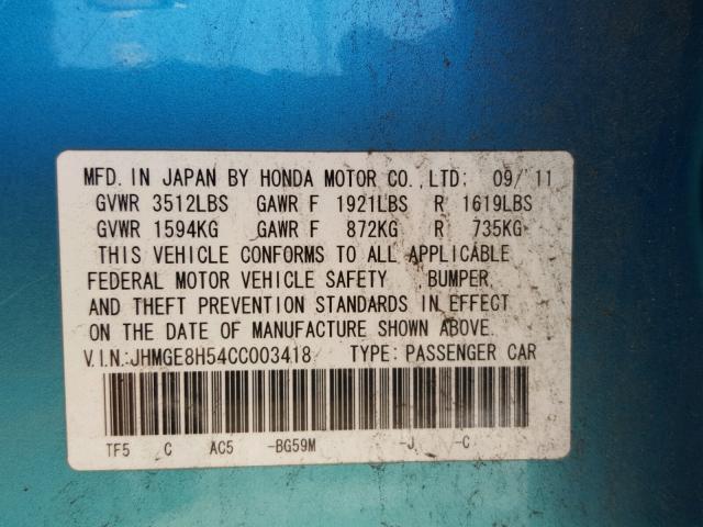 JHMGE8H54CC003418 - 2012 HONDA FIT SPORT BLUE photo 10