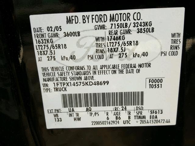 1FTPX14575KD48699 - 2005 FORD F150 BLACK photo 10