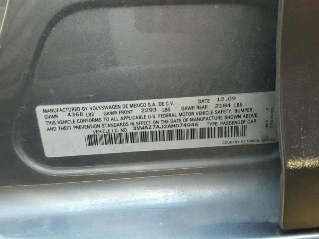 3VWAZ7AJ2AM074946 - 2010 VOLKSWAGEN JETTA LIMI GRAY photo 10