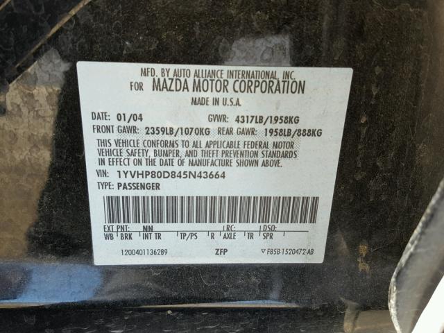 1YVHP80D845N43664 - 2004 MAZDA 6 S BLACK photo 10