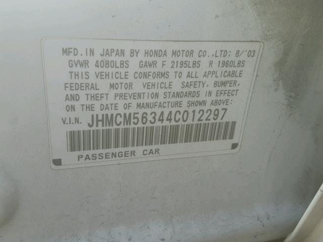 JHMCM56344C012297 - 2004 HONDA ACCORD LX WHITE photo 10