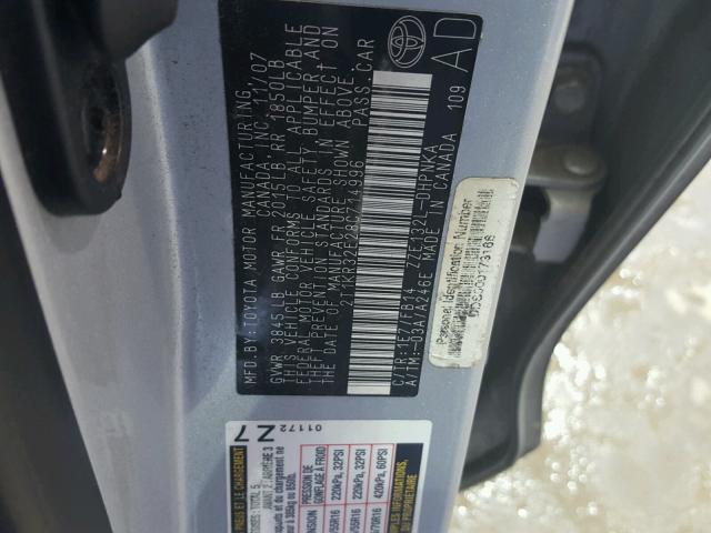 2T1KR32E28C714996 - 2008 TOYOTA COROLLA MA SILVER photo 10