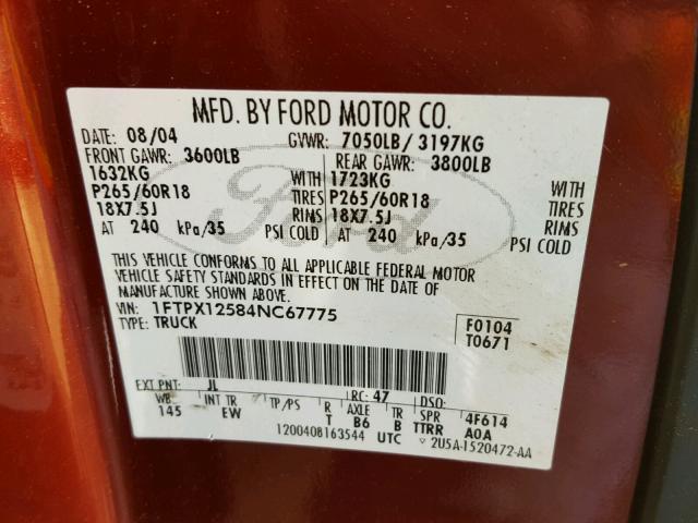 1FTPX12584NC67775 - 2004 FORD F150 MAROON photo 10