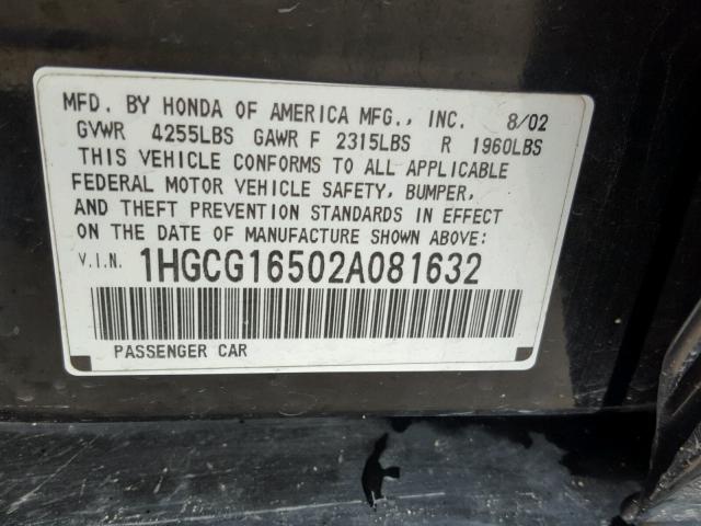 1HGCG16502A081632 - 2002 HONDA ACCORD EX BLACK photo 10