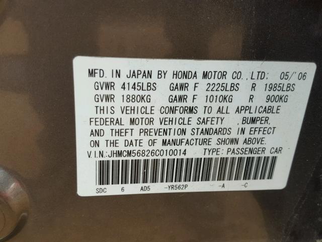 JHMCM56826C010014 - 2006 HONDA ACCORD EX GRAY photo 10