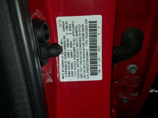 2HGFC2F70HH508415 - 2017 HONDA CIVIC EX წითელი ფოტო 10