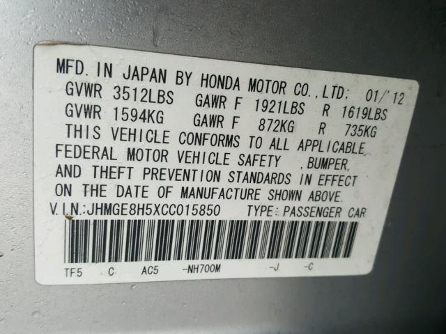 JHMGE8H5XCC015850 - 2012 HONDA FIT SPORT SILVER photo 10