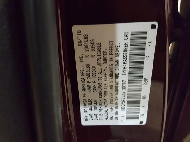 1HGCP2F72AA130707 - 2010 HONDA ACCORD EX BURGUNDY photo 10