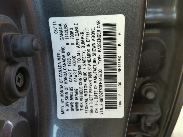 2HGFB2F60EH546703 - 2014 HONDA CIVIC HF CHARCOAL photo 10