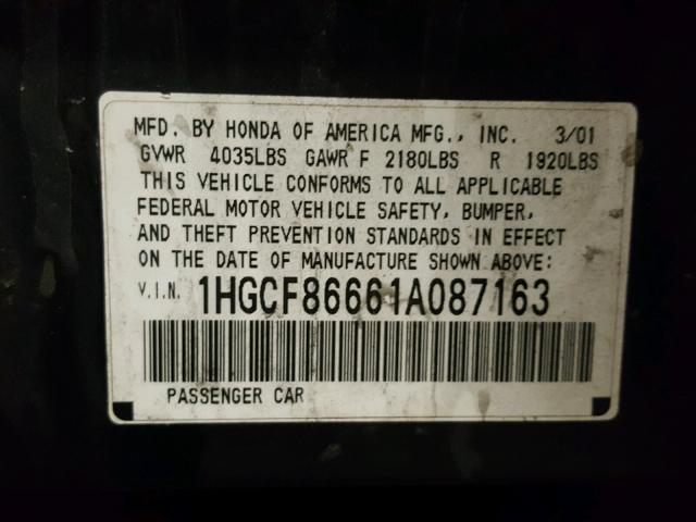 1HGCF86661A087163 - 2001 HONDA ACCORD VAL GREEN photo 10