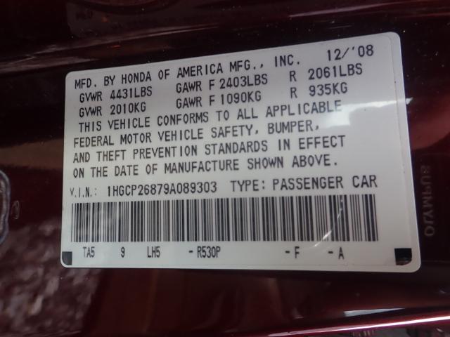 1HGCP26879A089303 - 2009 HONDA ACCORD EXL BURGUNDY photo 10