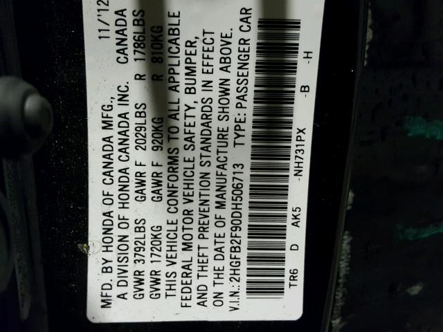 2HGFB2F90DH506713 - 2013 HONDA CIVIC EXL BLACK photo 10