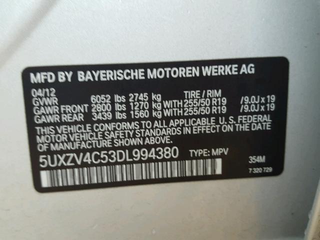 5UXZV4C53DL994380 - 2013 BMW X5 XDRIVE3 SILVER photo 10