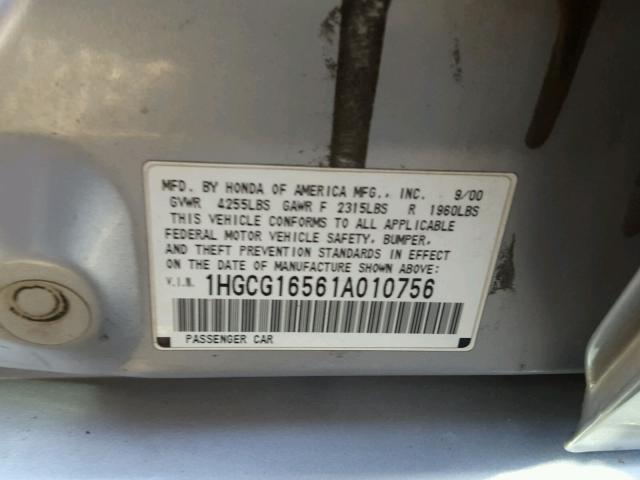 1HGCG16561A010756 - 2001 HONDA ACCORD EX SILVER photo 10