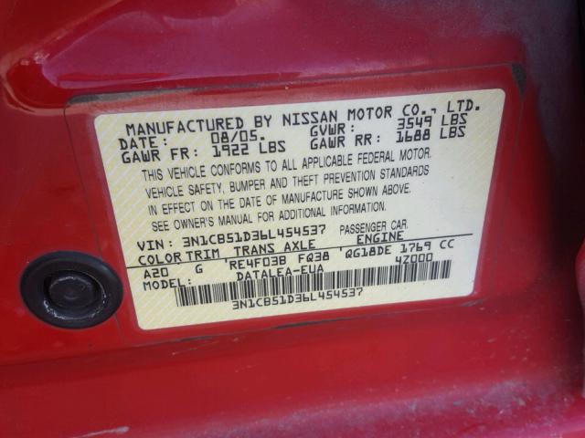 3N1CB51D36L454537 - 2006 NISSAN SENTRA 1.8 RED photo 10