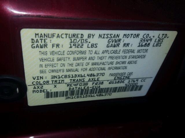 3N1CB51DX6L486370 - 2006 NISSAN SENTRA 1.8 RED photo 10