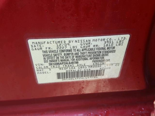 3N1AB6AP2AL649786 - 2010 NISSAN SENTRA 2.0 RED photo 10