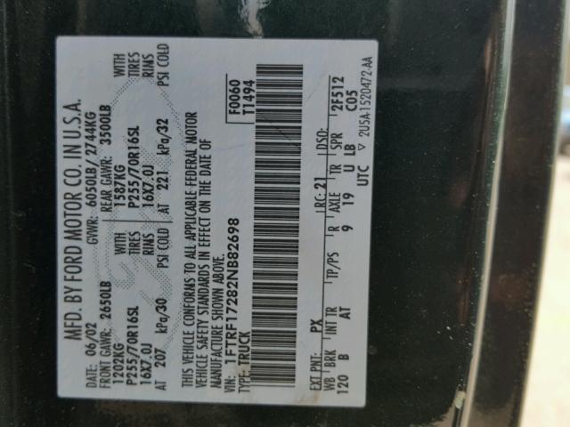 1FTRF17282NB82698 - 2002 FORD F150 绿色 照片 10
