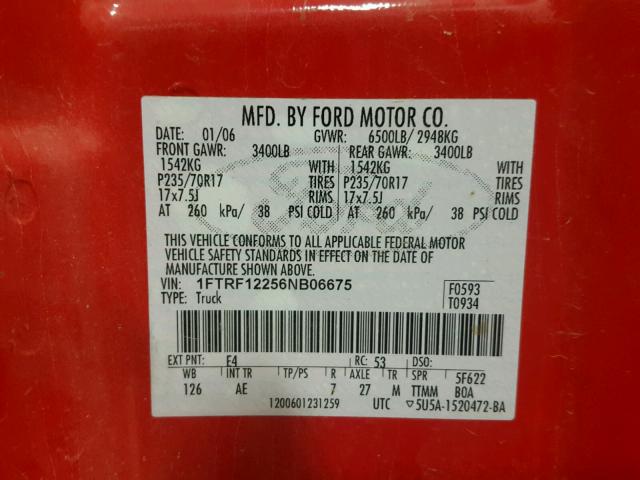 1FTRF12256NB06675 - 2006 FORD F150 RED photo 10