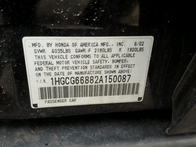 1HGCG66882A150087 - 2002 HONDA ACCORD EX BLACK photo 10