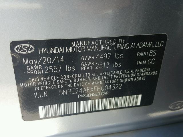 5NPE24AFXFH004322 - 2015 HYUNDAI SONATA SE GRAY photo 10